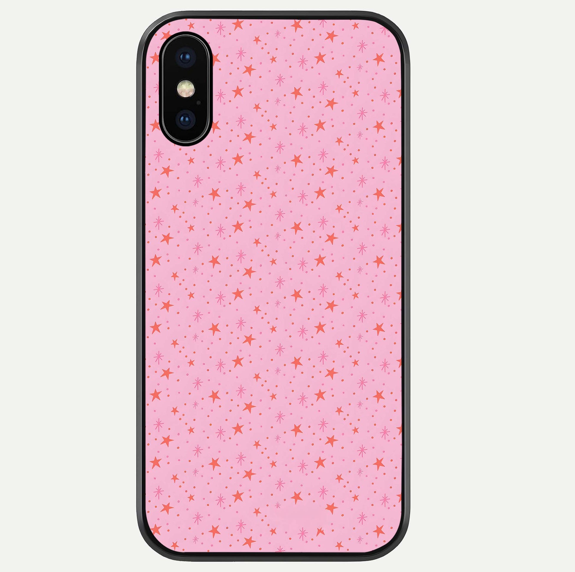 Cosmic Pink Sparkle iPhone Xs Max glass phone case front view showcasing shimmering pink cosmic artwork with glossy finish