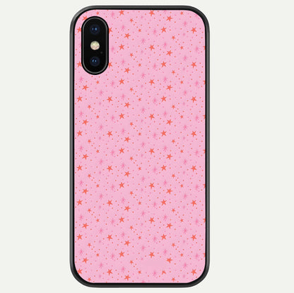 Cosmic Pink Sparkle iPhone Xs Max glass phone case front view showcasing shimmering pink cosmic artwork with glossy finish