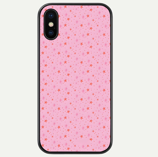 Cosmic Pink Sparkle iPhone Xs Max glass phone case front view showcasing shimmering pink cosmic artwork with glossy finish