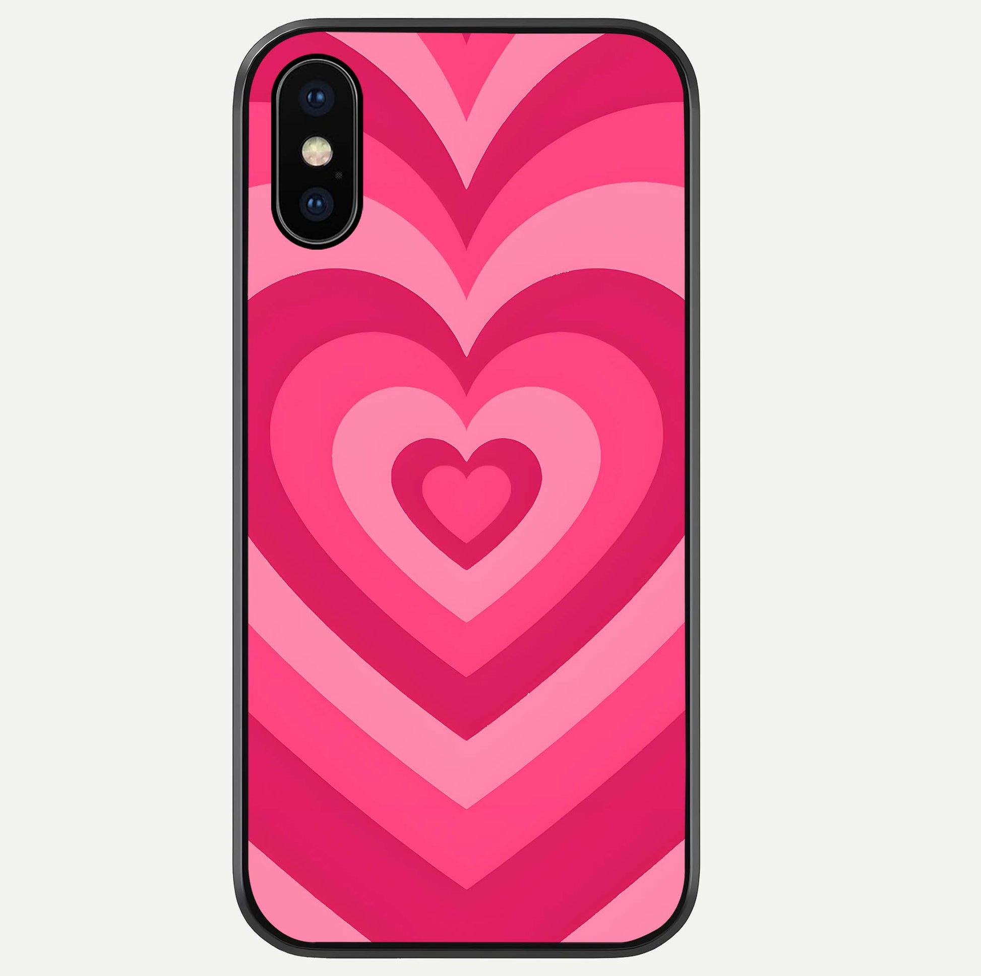 Layered Love Hearts iPhone Xs Max glass phone case front view showcasing layered heart patterns with romantic aesthetic