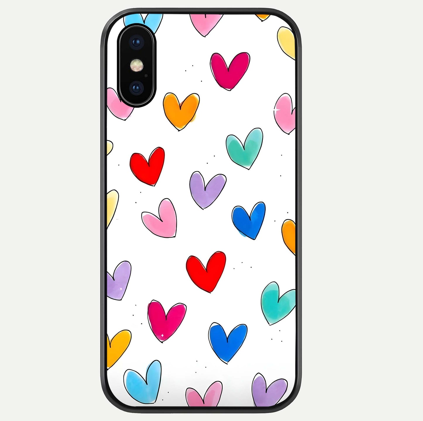 Playful Love Doodles iPhone Xs Max glass phone case front view featuring cute love doodle illustrations with fun vibe