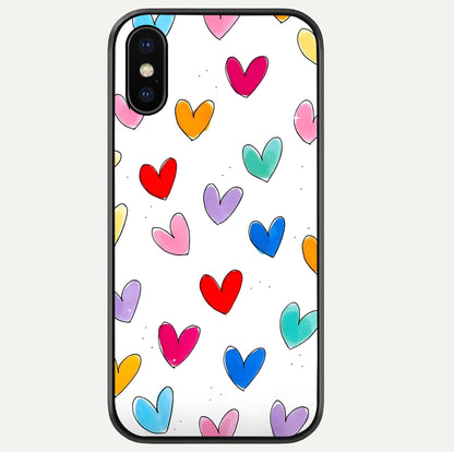 Playful Love Doodles iPhone Xs Max glass phone case front view featuring cute love doodle illustrations with fun vibe