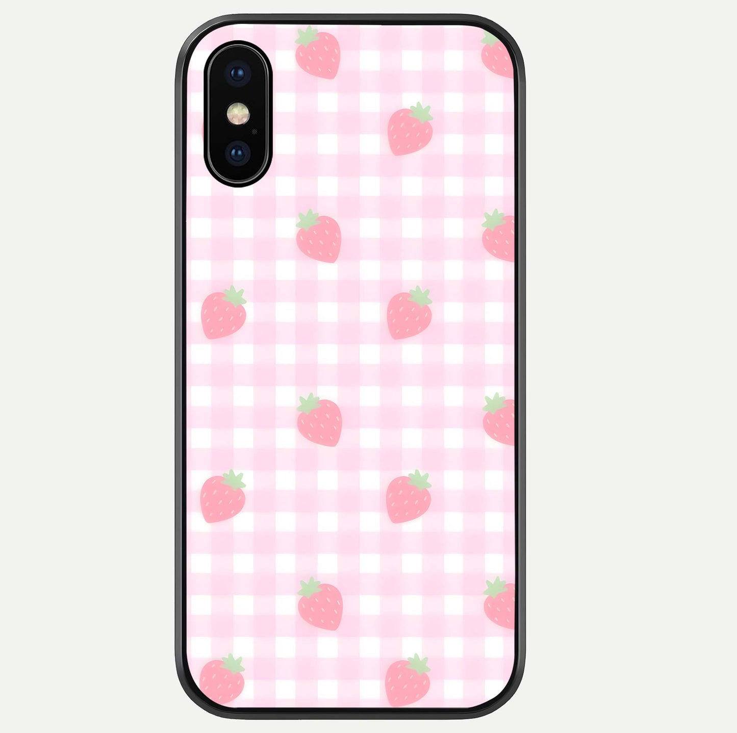 Strawberry Picnic Love iPhone Xs Max glass phone case front view featuring cute strawberry picnic artwork with romantic vibe