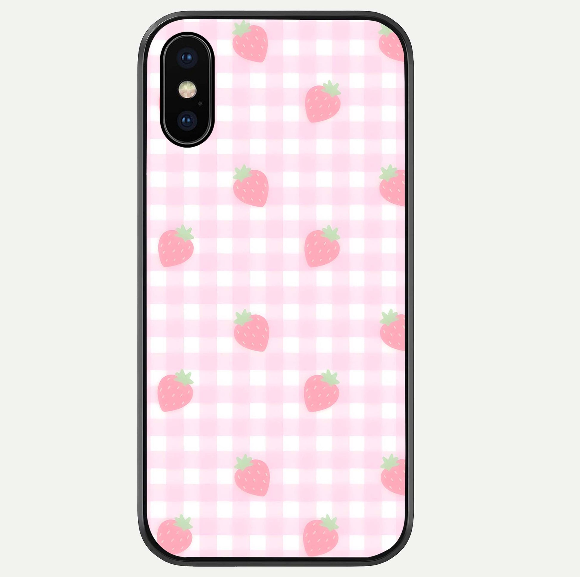 Strawberry Picnic Love iPhone Xs Max glass phone case front view featuring cute strawberry picnic artwork with romantic vibe