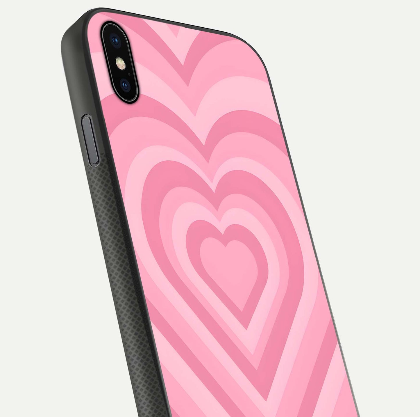 Blush Heart Waves iPhone Xs Max glass phone case angled back view highlighting romantic heart wave artwork and grip texture