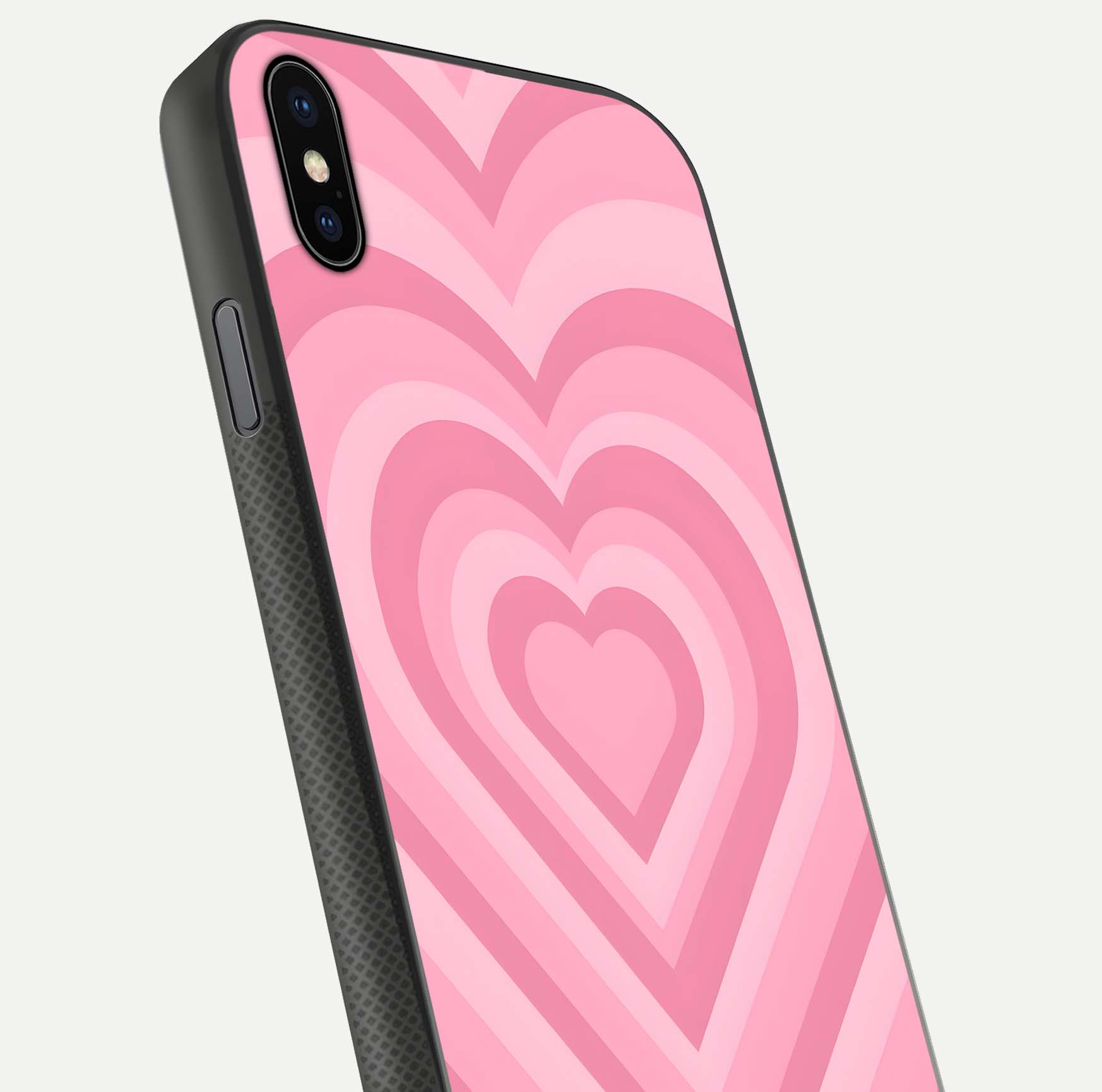 Blush Heart Waves iPhone Xs Max glass phone case angled back view highlighting romantic heart wave artwork and grip texture