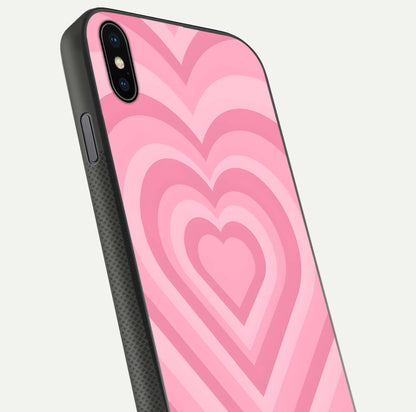 Blush Heart Waves iPhone Xs Max glass phone case angled back view highlighting romantic heart wave artwork and grip texture