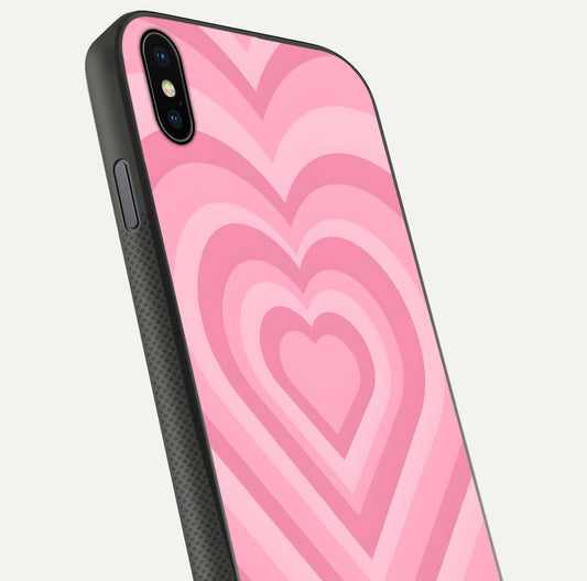 Blush Heart Waves iPhone Xs Max glass phone case angled back view highlighting romantic heart wave artwork and grip texture