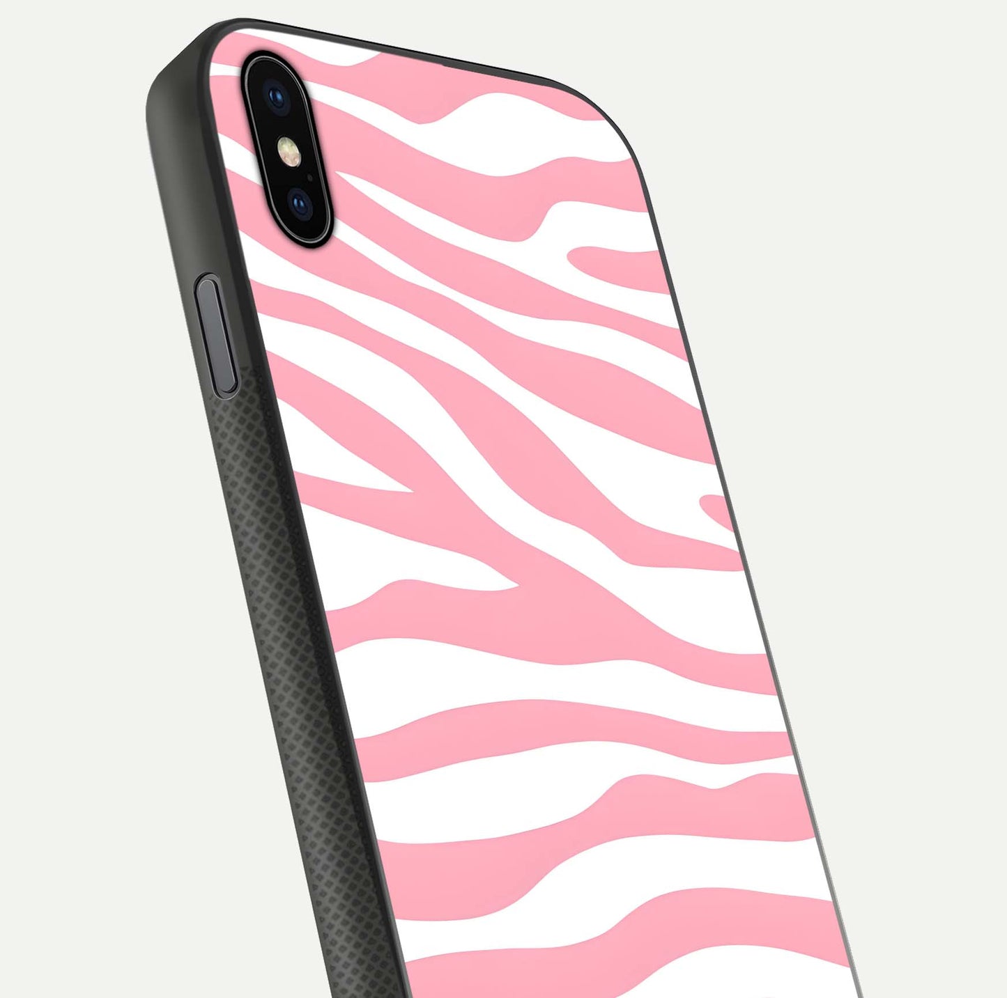 Blush Zebra Flow iPhone Xs Max glass phone case angled back view highlighting bold zebra artwork and textured side grip