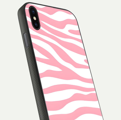 Blush Zebra Flow iPhone Xs Max glass phone case angled back view highlighting bold zebra artwork and textured side grip