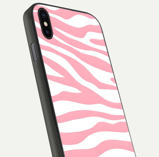 Blush Zebra Flow iPhone Xs Max glass phone case angled back view highlighting bold zebra artwork and textured side grip