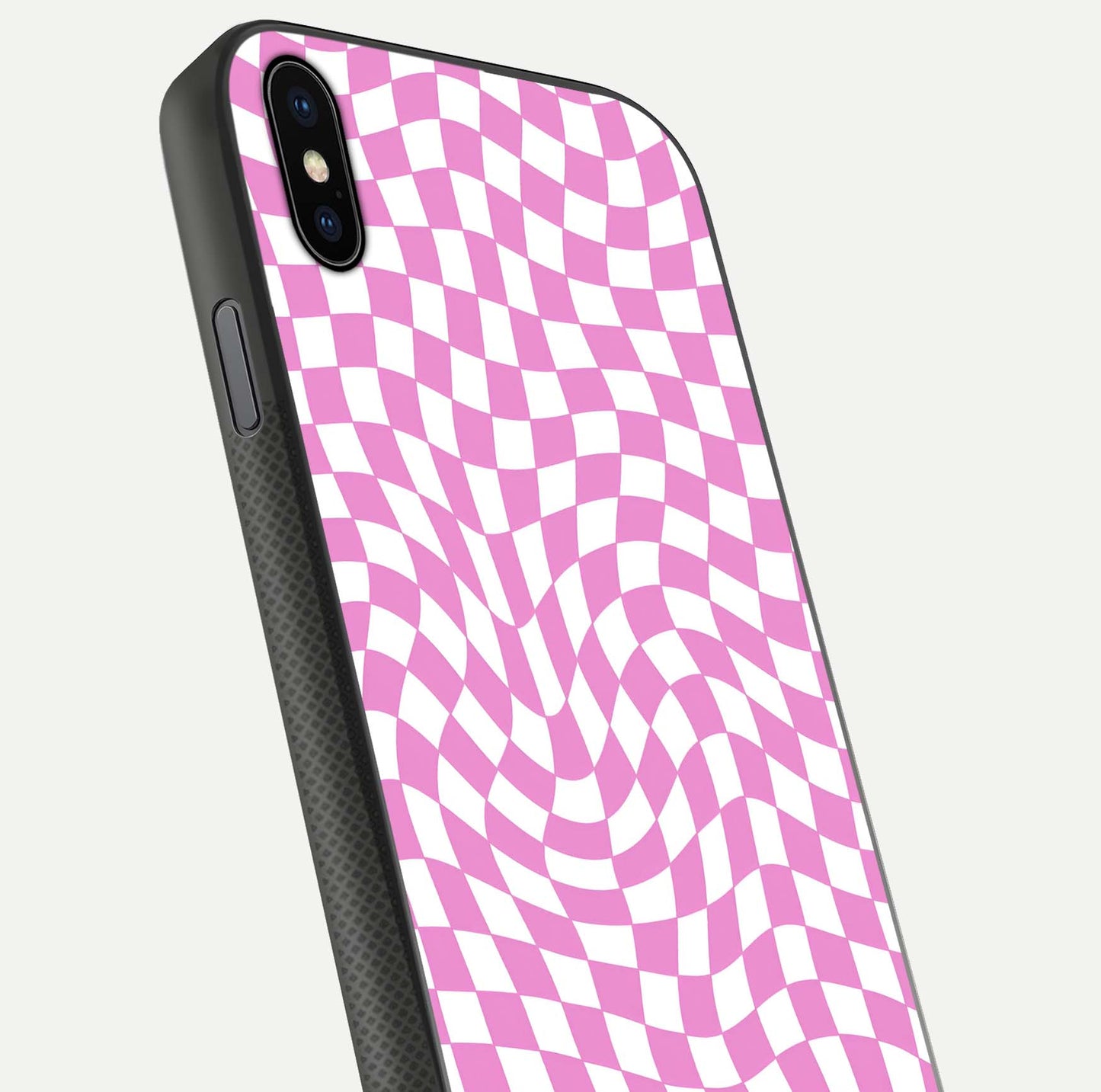 Bubblegum Check Wave iPhone Xs Max glass phone case angled back view highlighting check wave artwork and side grip texture