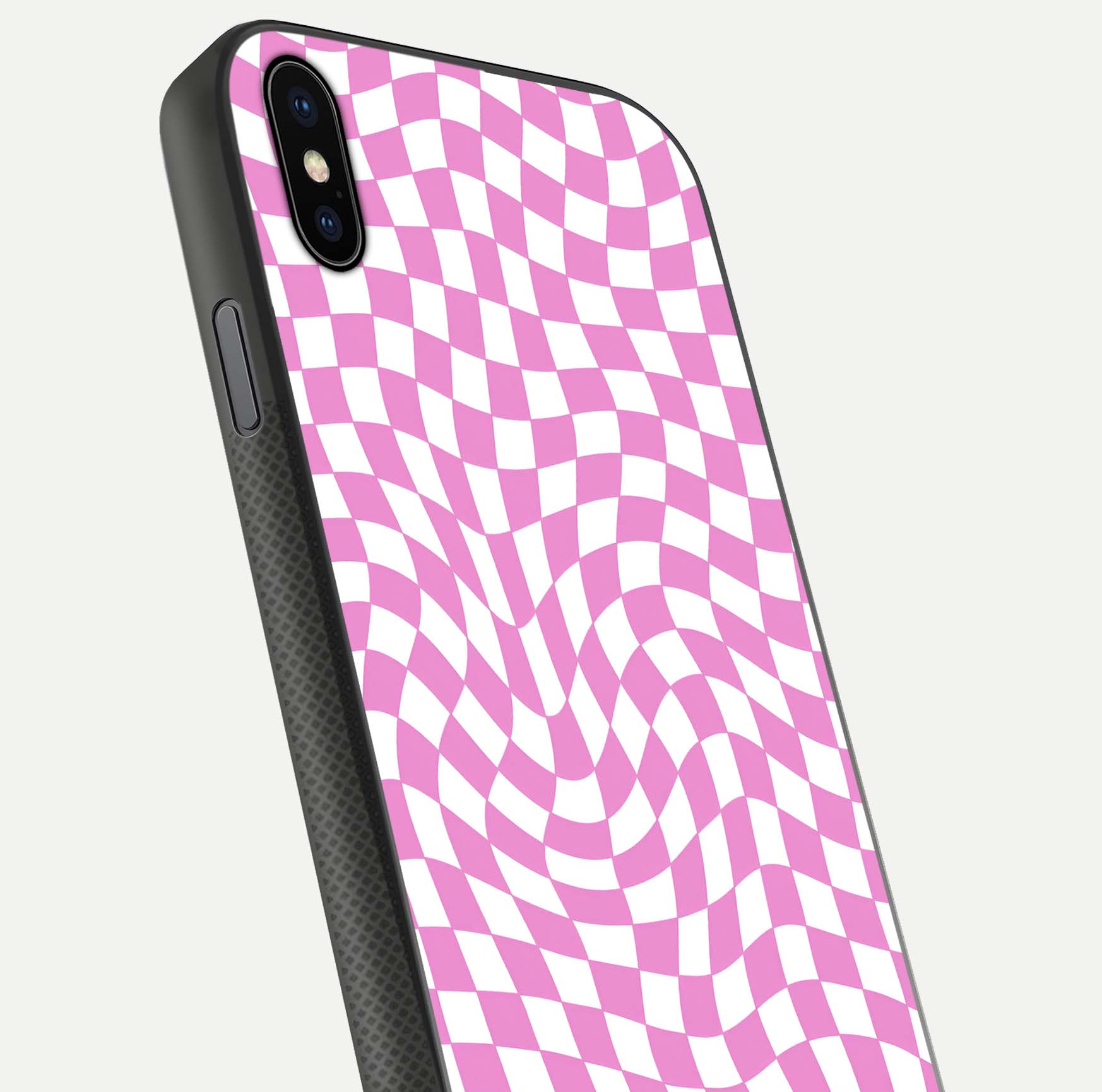 Bubblegum Check Wave iPhone Xs Max glass phone case angled back view highlighting check wave artwork and side grip texture