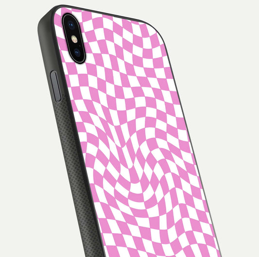 Bubblegum Check Wave iPhone Xs Max glass phone case angled back view highlighting check wave artwork and side grip texture