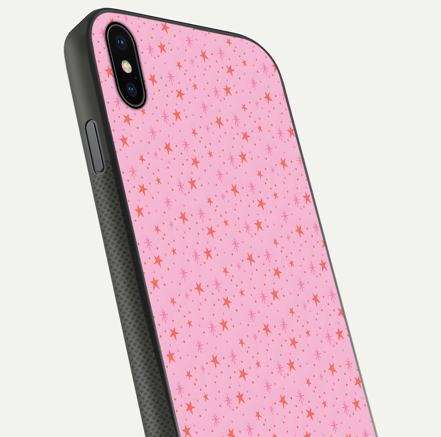 Cosmic Pink Sparkle iPhone Xs Max glass phone case angled back view highlighting sparkling galaxy design and textured side grip