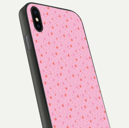 Cosmic Pink Sparkle iPhone Xs Max glass phone case angled back view highlighting sparkling galaxy design and textured side grip