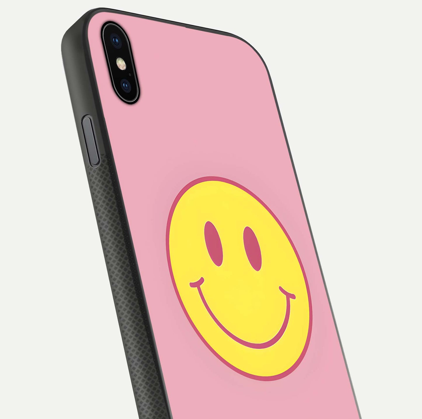 Happy Pink Mood iPhone Xs Max glass phone case angled back view highlighting bright pink artwork and side grip texture