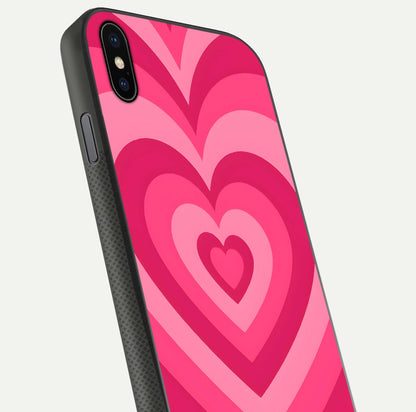 Layered Love Hearts iPhone Xs Max glass phone case angled back view highlighting heart artwork and textured grip edges