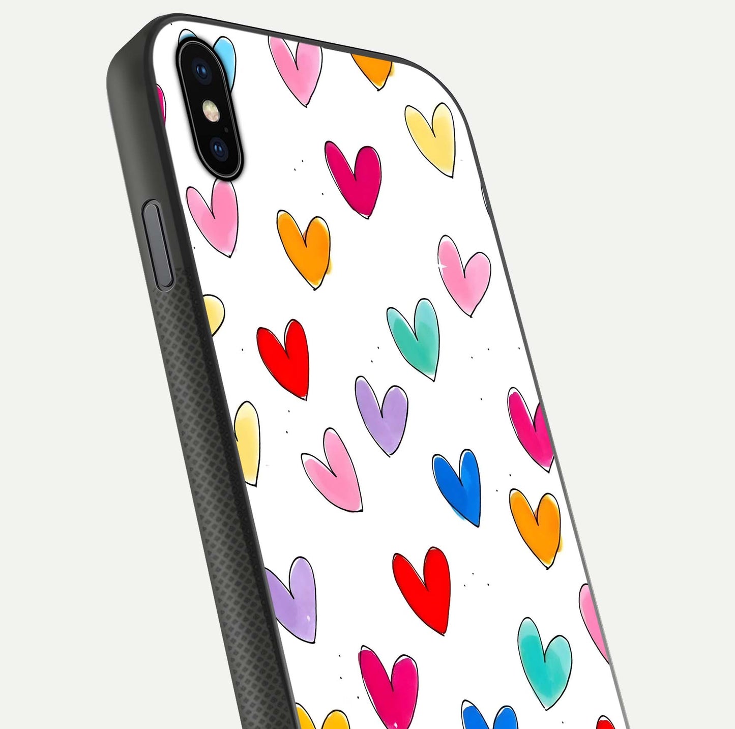 Playful Love Doodles iPhone Xs Max glass phone case angled back view highlighting doodle artwork and textured grip edges