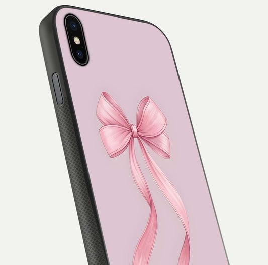 Soft Blush Bow iPhone Xs Max glass phone case angled back view highlighting bow artwork and side grip texture