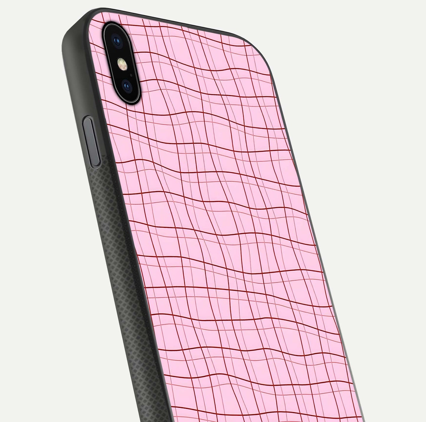 Soft Grid Bliss iPhone Xs Max glass phone case angled back view highlighting grid artwork and side grip texture