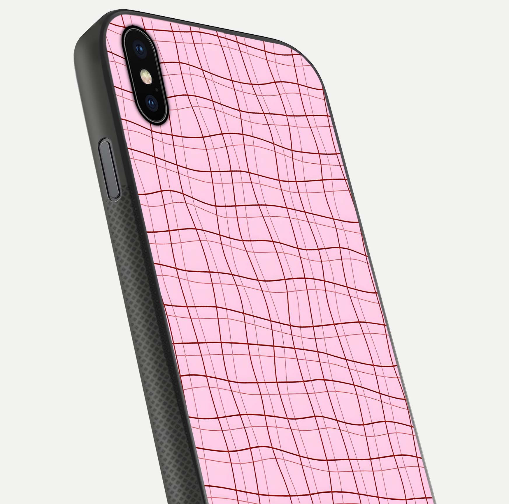 Soft Grid Bliss iPhone Xs Max glass phone case angled back view highlighting grid artwork and side grip texture