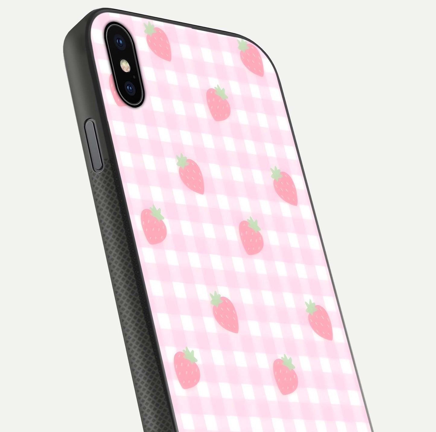 Strawberry Picnic Love iPhone Xs Max glass phone case angled back view highlighting strawberry illustrations and textured grip