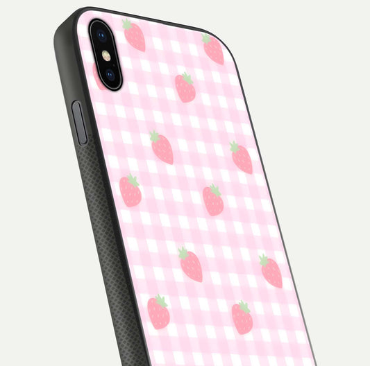 Strawberry Picnic Love iPhone Xs Max glass phone case angled back view highlighting strawberry illustrations and textured grip
