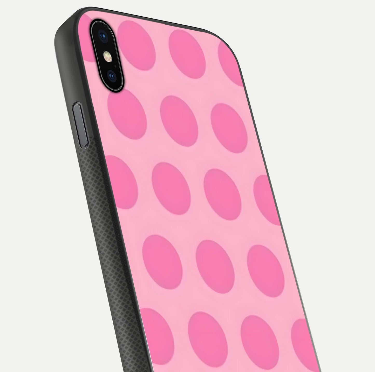 Sweet Dot Dreams iPhone Xs Max glass phone case angled back view highlighting dotted artwork and side grip texture