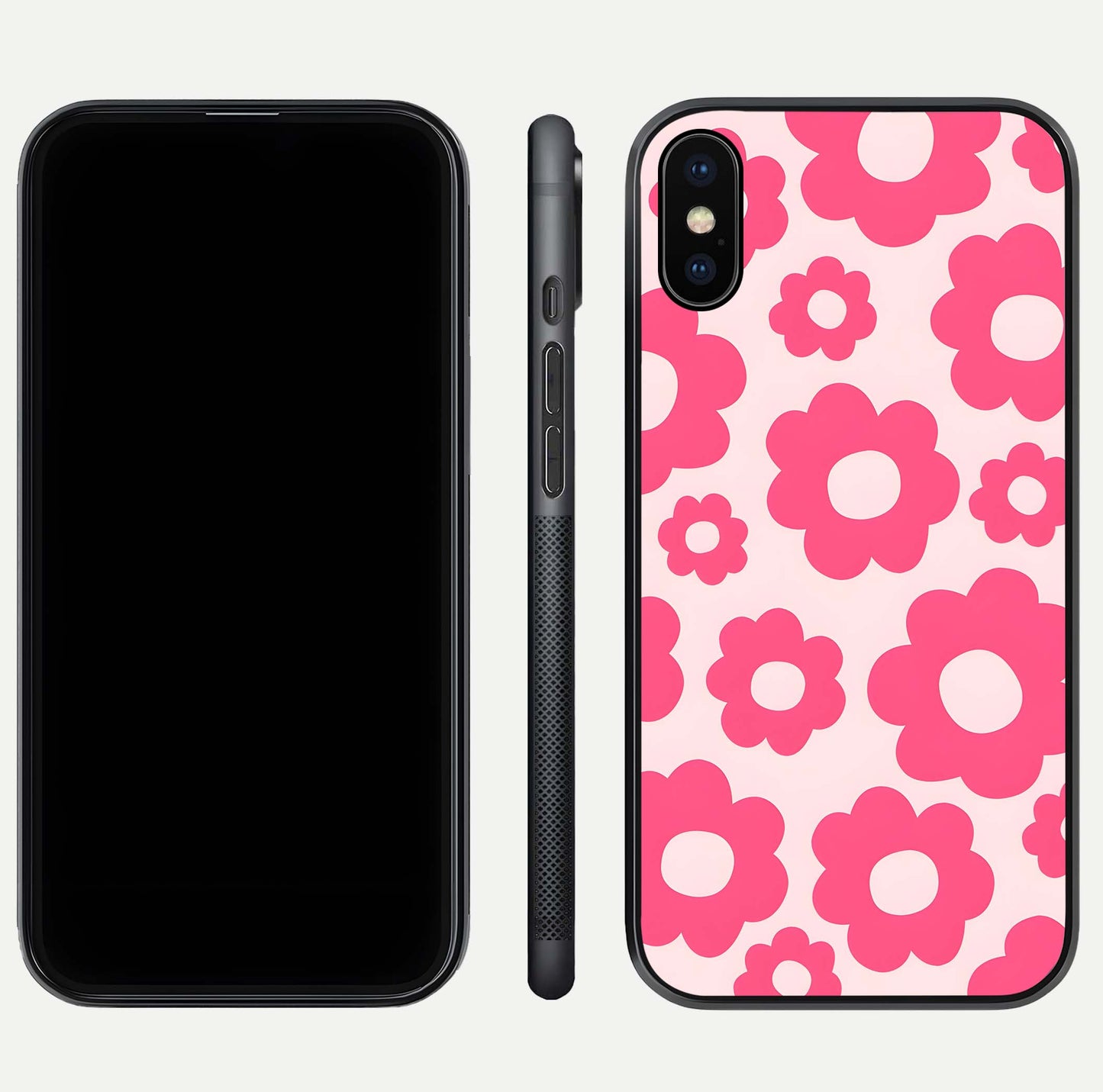 Blush Flower Pop iPhone Xs Max glass phone case front and side layout view showing slim profile and full floral coverage