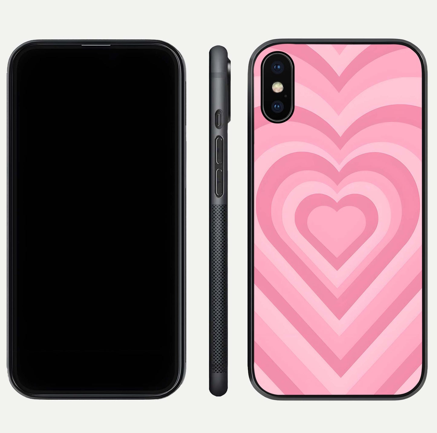 Blush Heart Waves iPhone Xs Max glass phone case front and side layout view displaying slim frame and full heart pattern