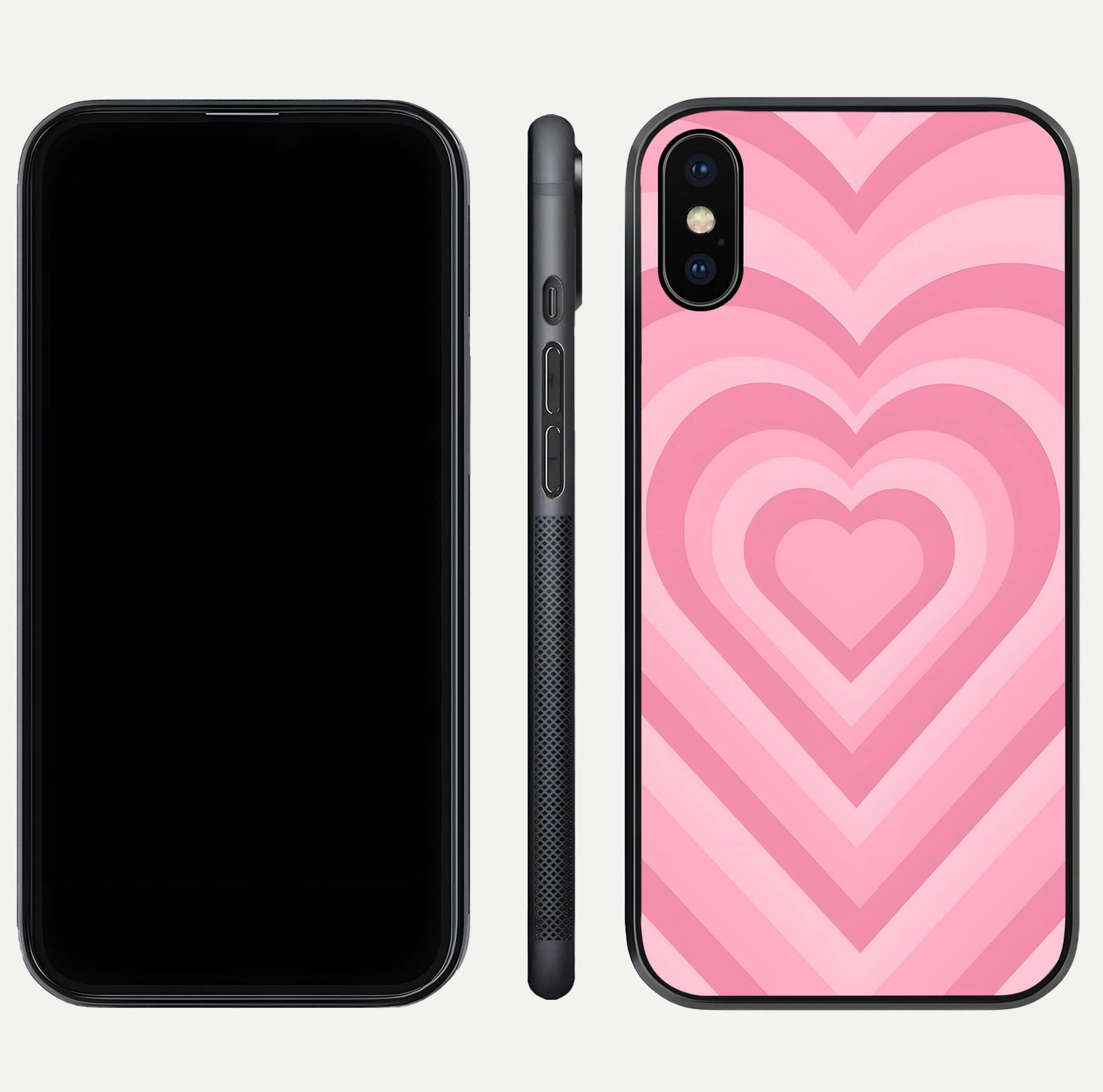 Blush Heart Waves iPhone Xs Max glass phone case front and side layout view displaying slim frame and full heart pattern