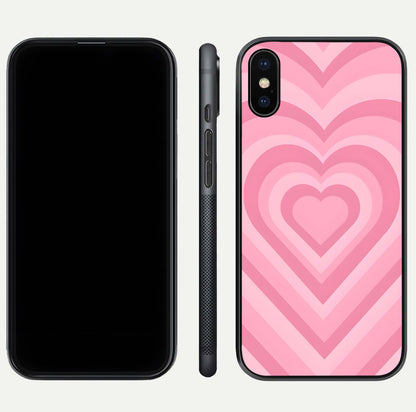 Blush Heart Waves iPhone Xs Max glass phone case front and side layout view displaying slim frame and full heart pattern
