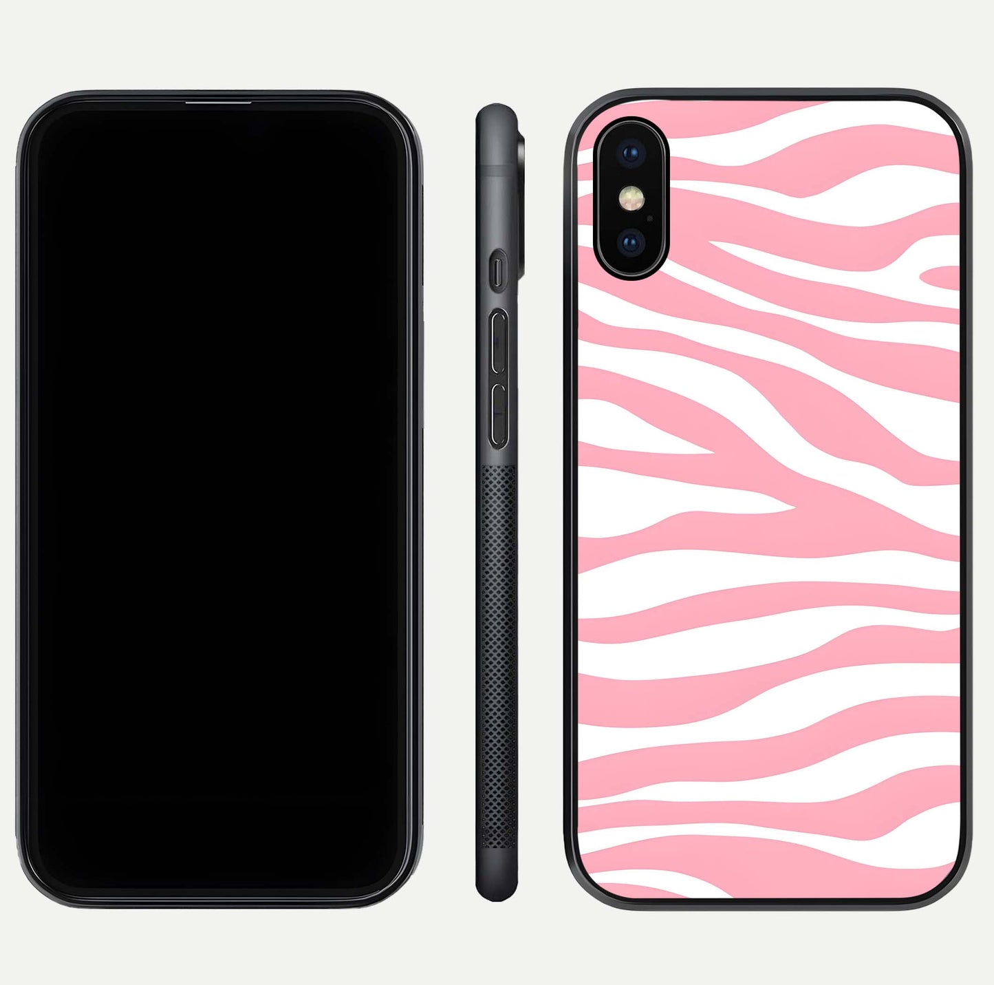 Blush Zebra Flow iPhone Xs Max glass phone case front and side layout view showing slim build and flowing pattern coverage