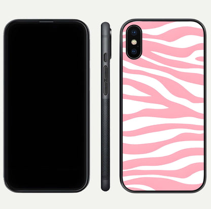 Blush Zebra Flow iPhone Xs Max glass phone case front and side layout view showing slim build and flowing pattern coverage