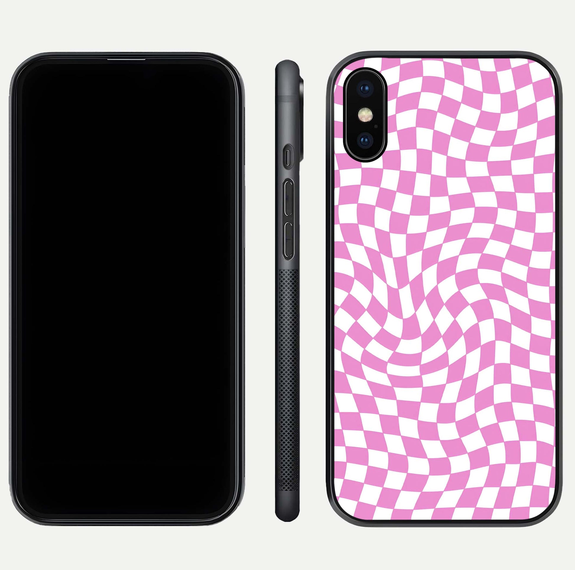 Bubblegum Check Wave iPhone Xs Max glass phone case front and side layout view displaying slim profile and full pattern coverage