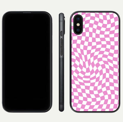 Bubblegum Check Wave iPhone Xs Max glass phone case front and side layout view displaying slim profile and full pattern coverage