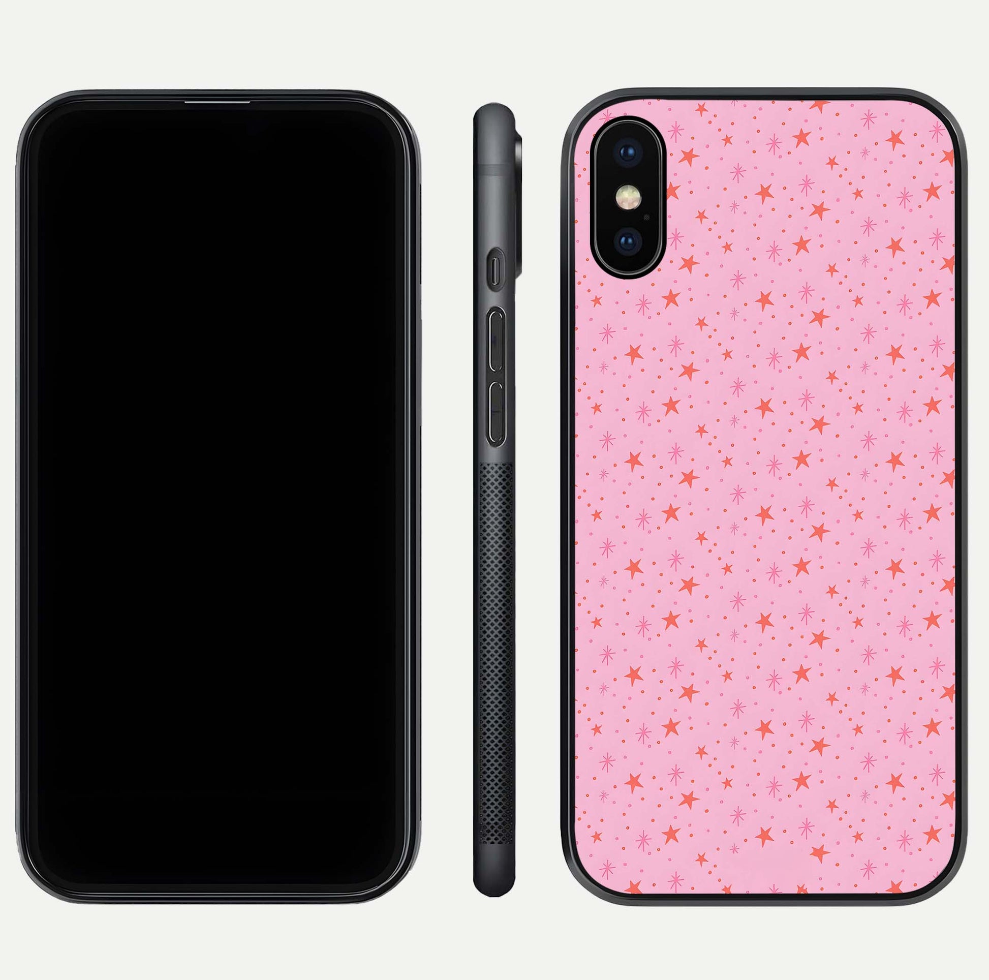 Cosmic Pink Sparkle iPhone Xs Max glass phone case front and side layout view displaying slim profile and full cosmic coverage