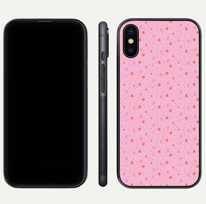 Cosmic Pink Sparkle iPhone Xs Max glass phone case front and side layout view displaying slim profile and full cosmic coverage