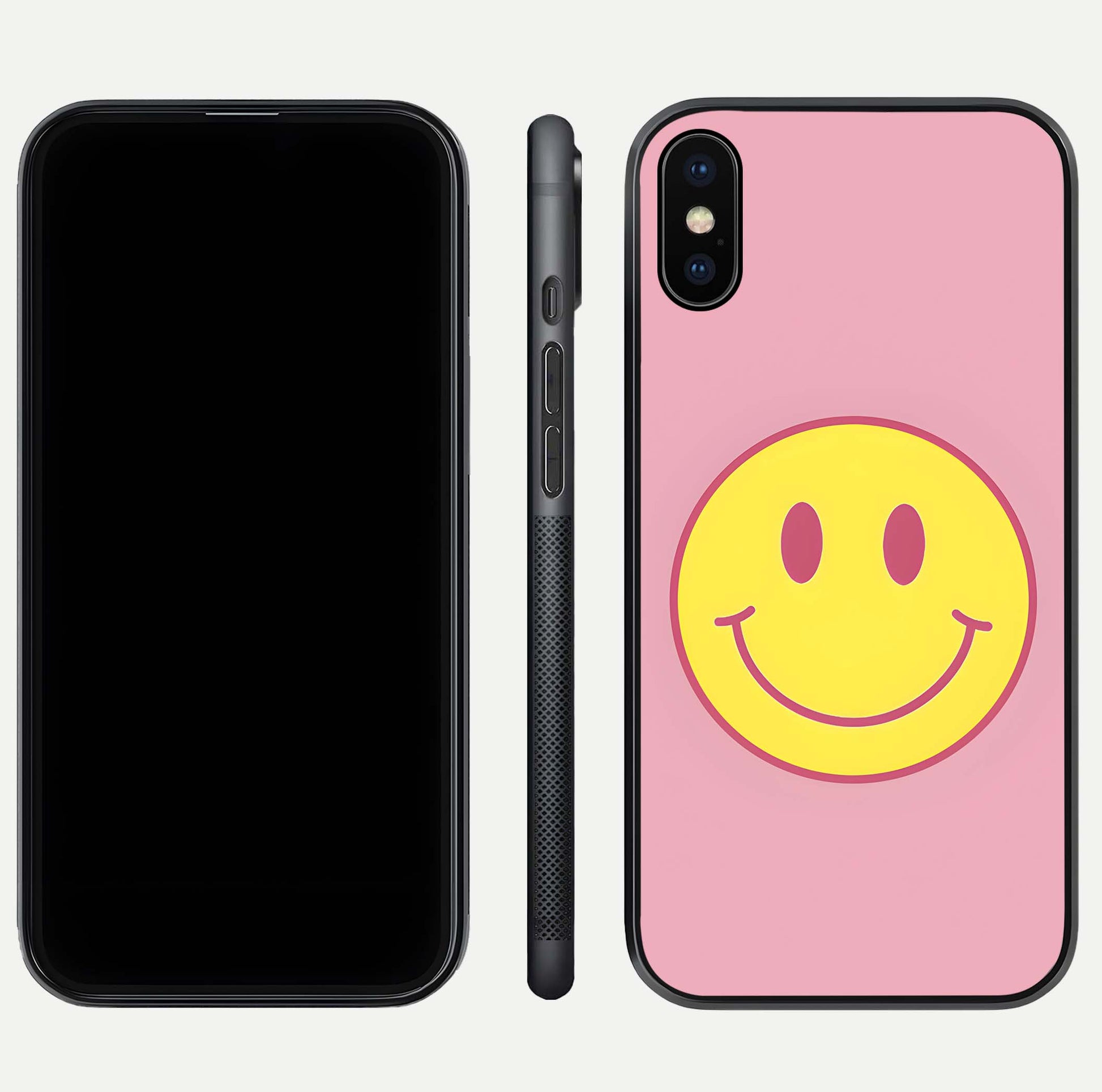 Happy Pink Mood iPhone Xs Max glass phone case front and side layout view showing slim build and full pink coverage