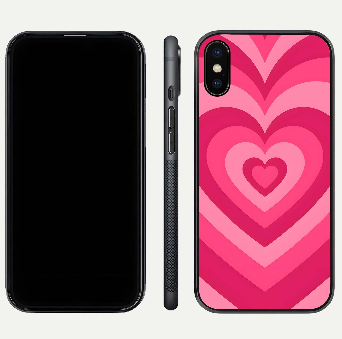 Layered Love Hearts iPhone Xs Max glass phone case front and side layout view displaying slim profile and full heart design