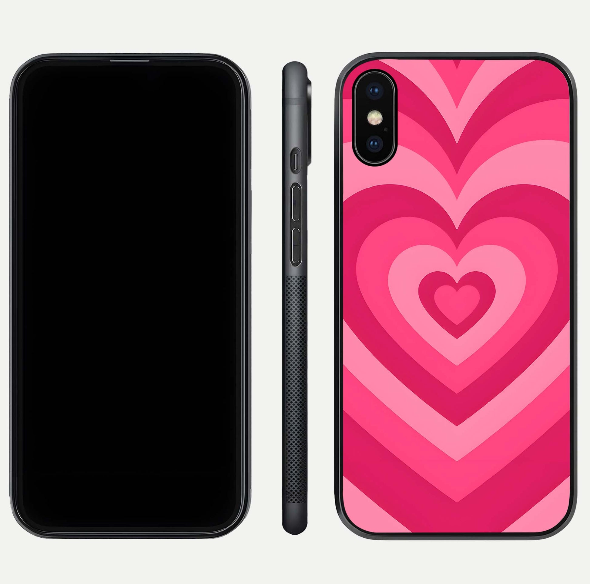 Layered Love Hearts iPhone Xs Max glass phone case front and side layout view displaying slim profile and full heart design