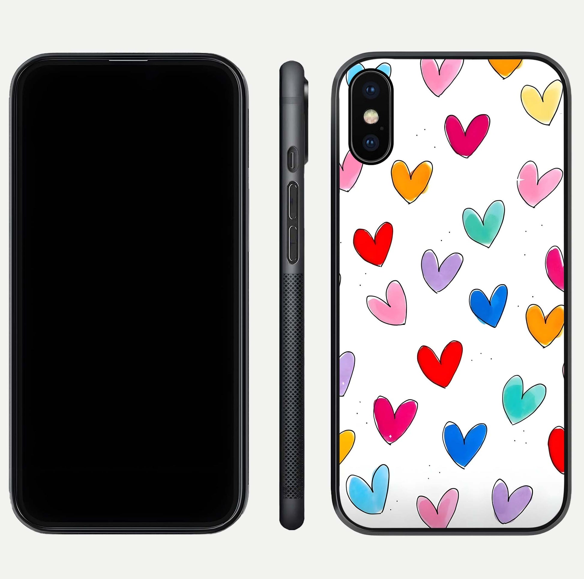 Playful Love Doodles iPhone Xs Max glass phone case front and side layout view showing slim build and full doodle coverage