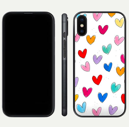 Playful Love Doodles iPhone Xs Max glass phone case front and side layout view showing slim build and full doodle coverage