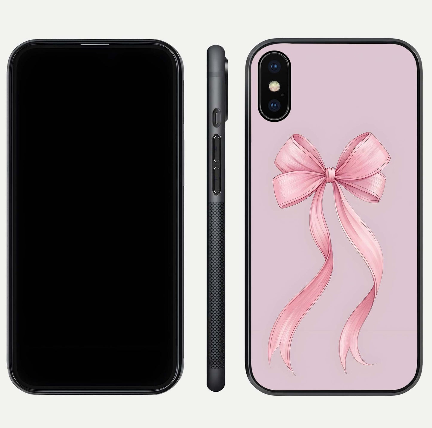 Soft Blush Bow iPhone Xs Max glass phone case front and side layout view displaying slim profile and gentle aesthetic