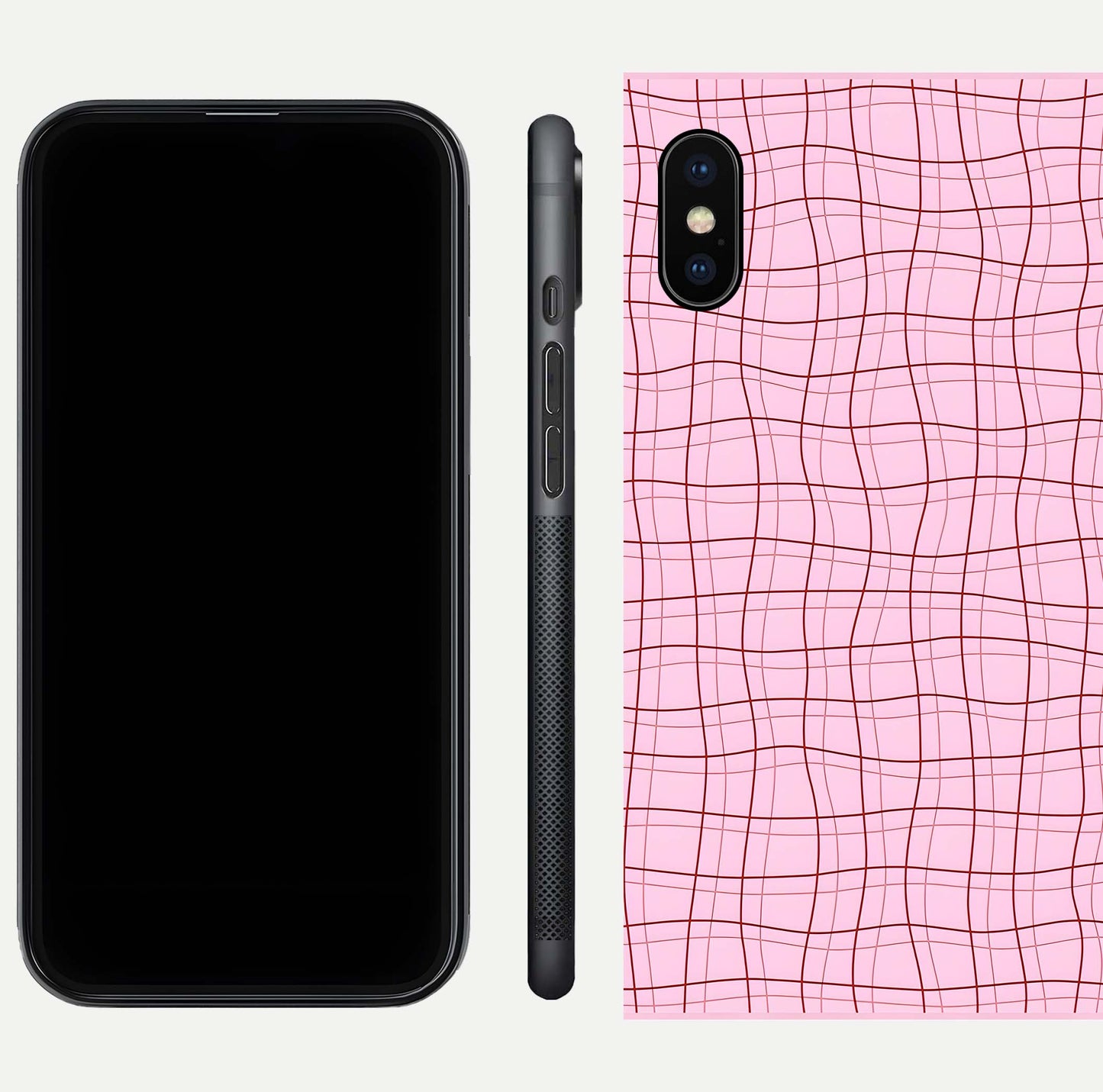 Soft Grid Bliss iPhone Xs Max glass phone case front and side layout view displaying slim profile and clean design