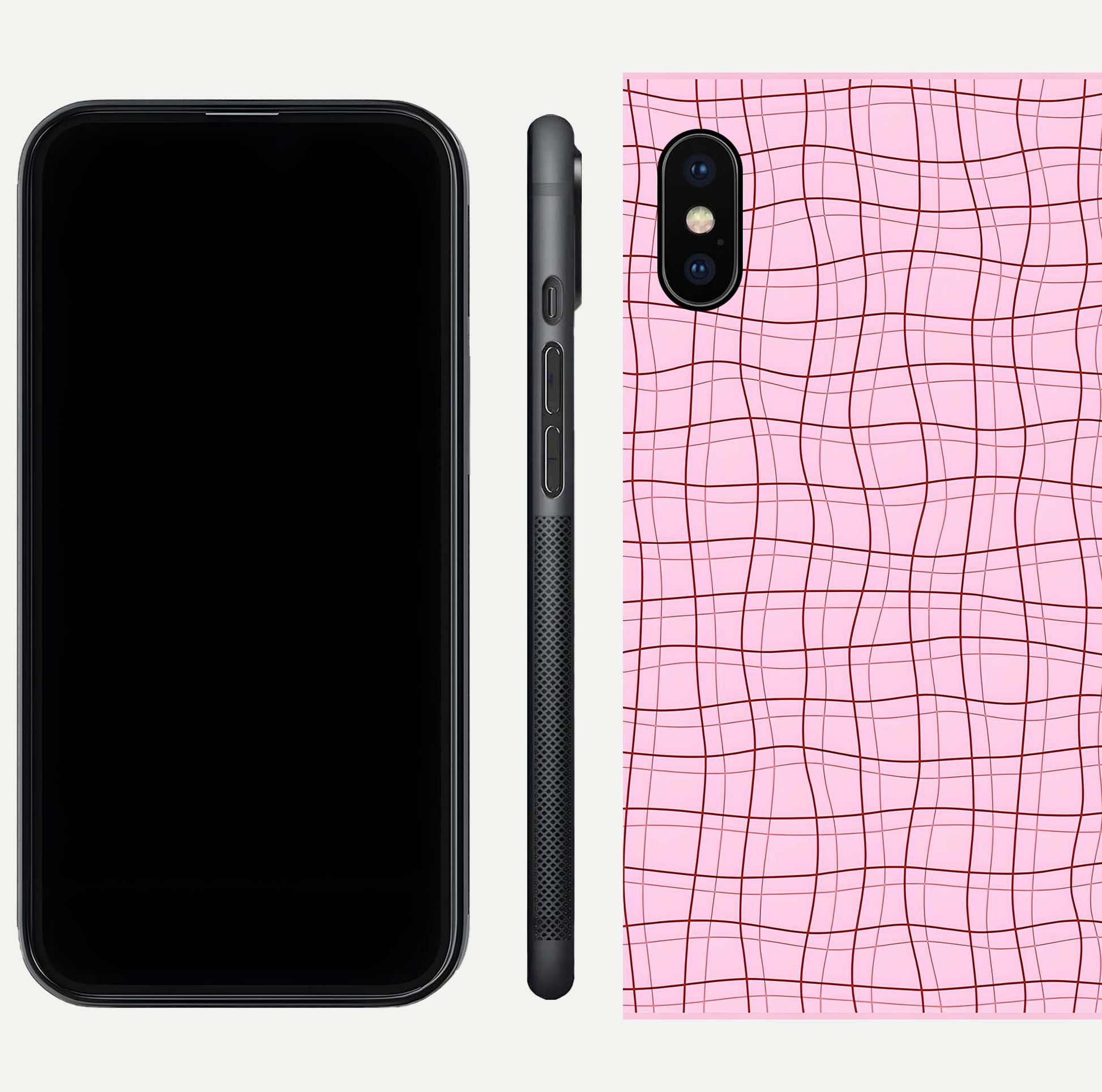 Soft Grid Bliss iPhone Xs Max glass phone case front and side layout view displaying slim profile and clean design