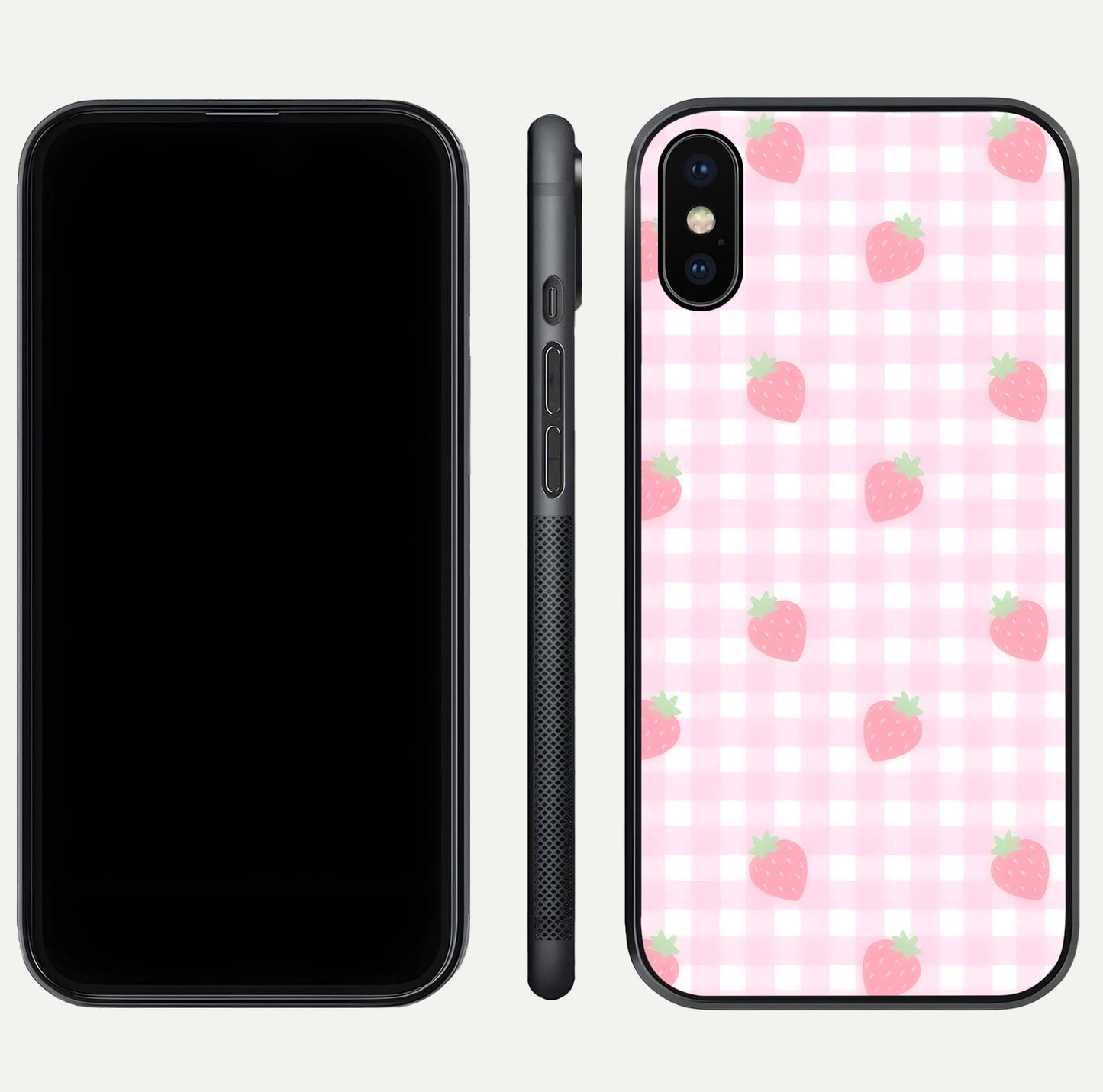 Strawberry Picnic Love iPhone Xs Max glass phone case front and side layout view showing slim profile and full picnic design