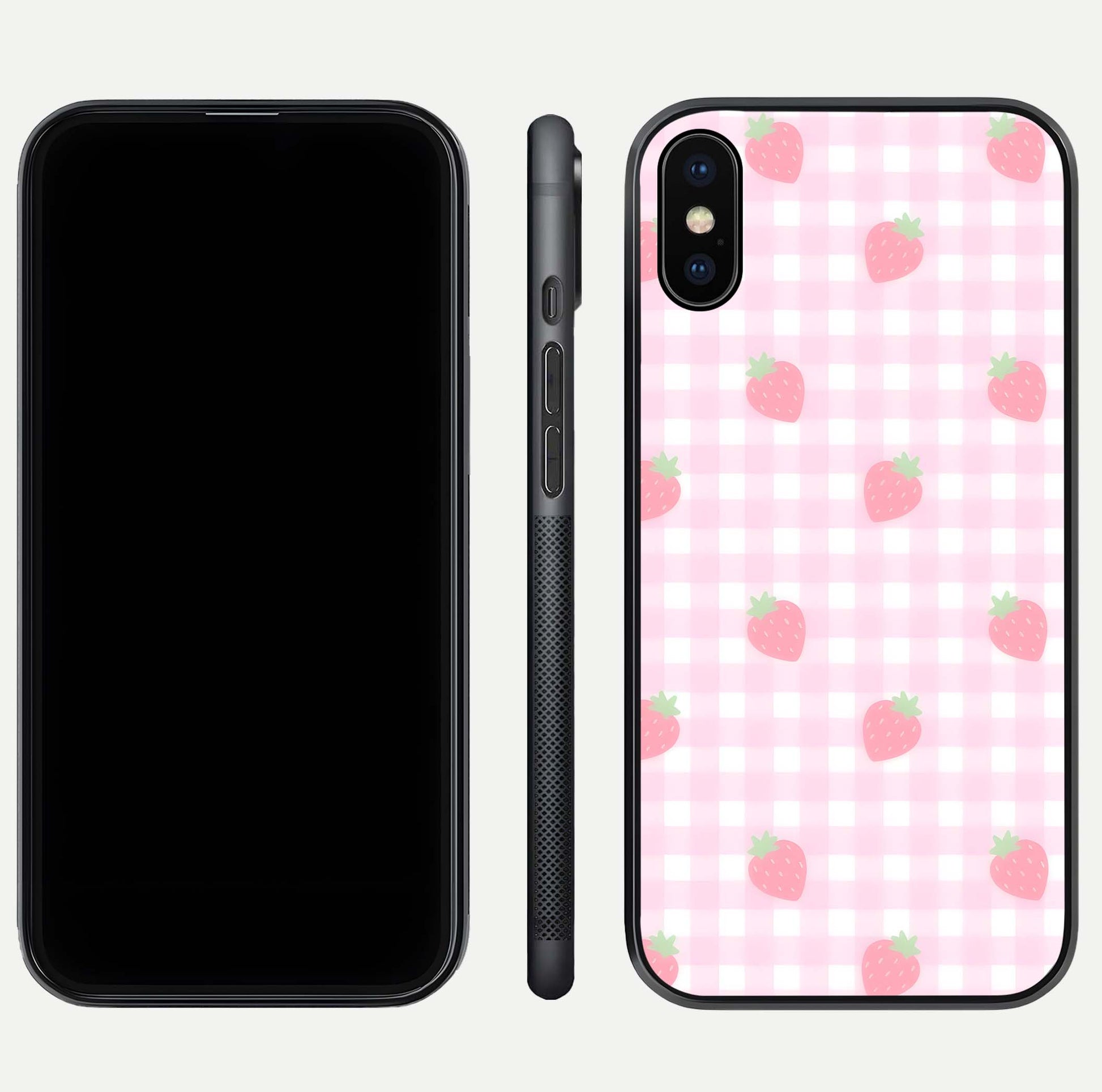 Strawberry Picnic Love iPhone Xs Max glass phone case front and side layout view showing slim profile and full picnic design