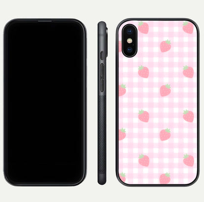 Strawberry Picnic Love iPhone Xs Max glass phone case front and side layout view showing slim profile and full picnic design